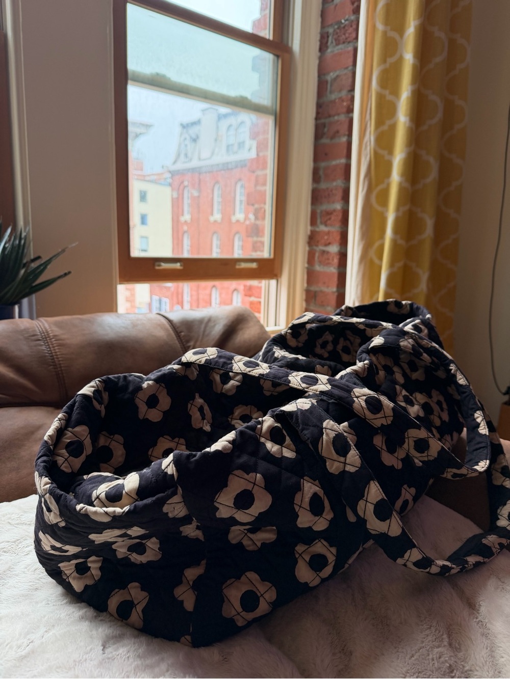 Christy Dawn Black Quilted Tote with Cream Floral Print